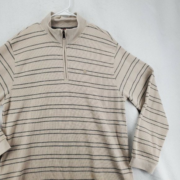 IZOD Sweater Men's Long Sleeve Striped 1/4 Zip Pullover High Neck Tan Large - Picture 5 of 12